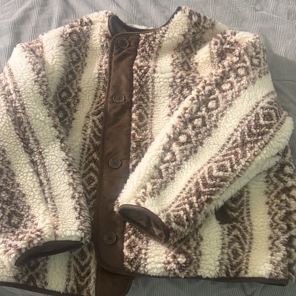 Old Navy Button-Front Brown and Cream Sherpa Jacket - Picture 2 of 5